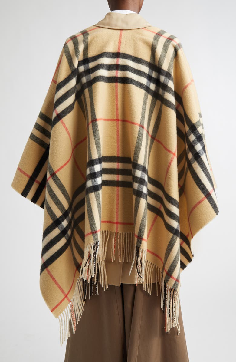 Burberry EKD Check Double Face Cashmere & Wool Fringe Cape, Alternate, color, Sand/ Pebble White