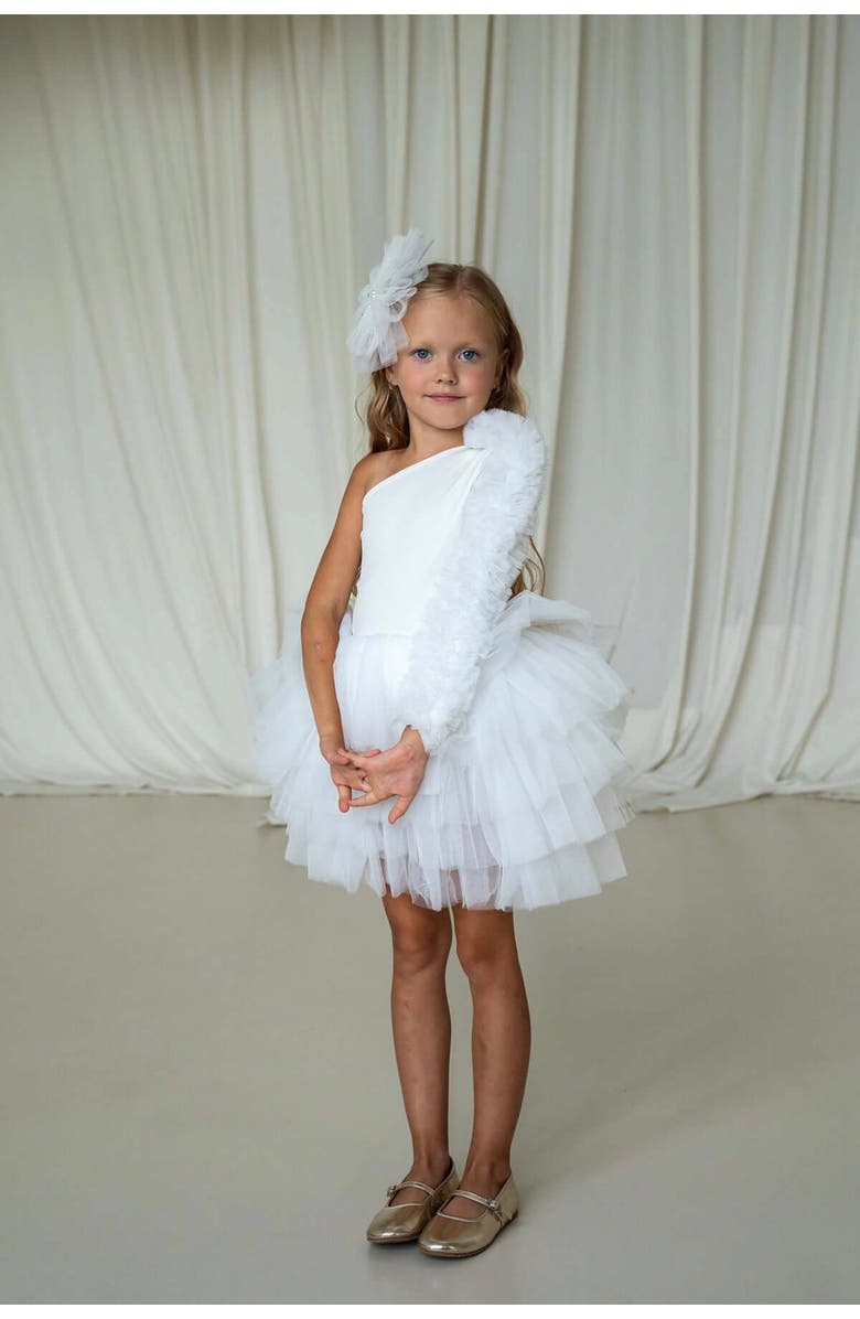 Mini Celebrities Bella One Shoulder Long Sleeve Ruffle Tutu Dress, Alternate, color, White Lily
