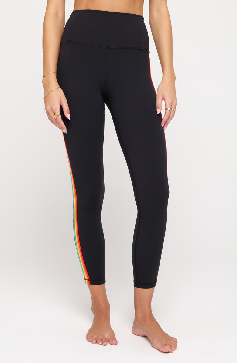 Spiritual Gangster Ada Rainbow Stripe High Waist Dream Tech Jersey 7/8 Leggings, Main, color, Black