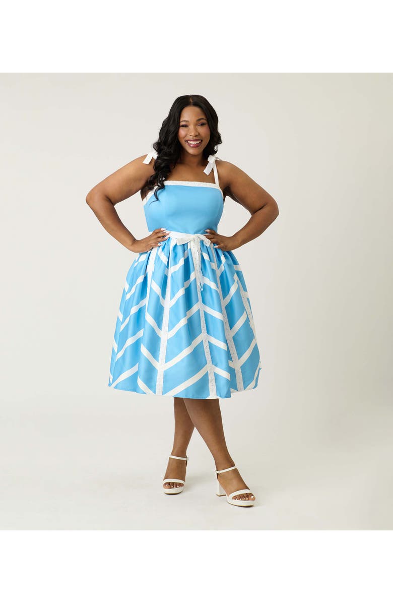 Unique Vintage Plus Size Chevron Eyelet Swing Dress, Main, color, Blue/White