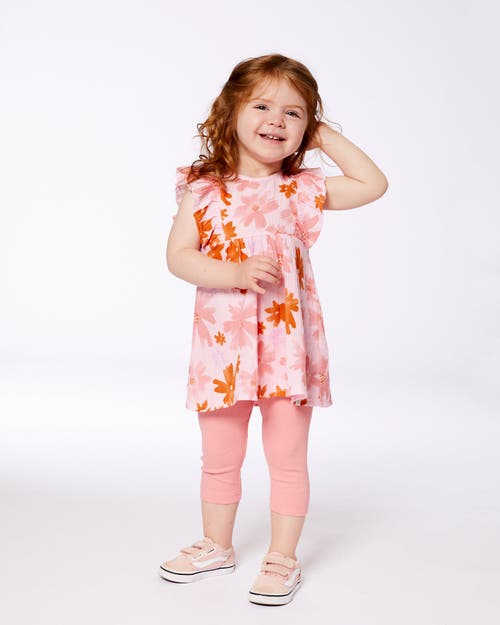 DEUX PAR DEUX DEUX PAR DEUX BABY GIRL'S PRINTED TUNIC AND SOLID LEGGINGS SET PINK AND CORAL FLOWERS