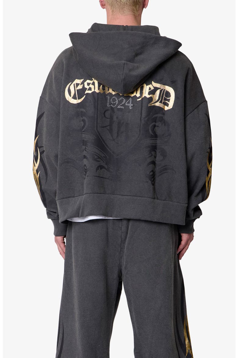 Oversize Gold Foil Cotton Zip Hoodie, Alternate, color, WASHED BLACK