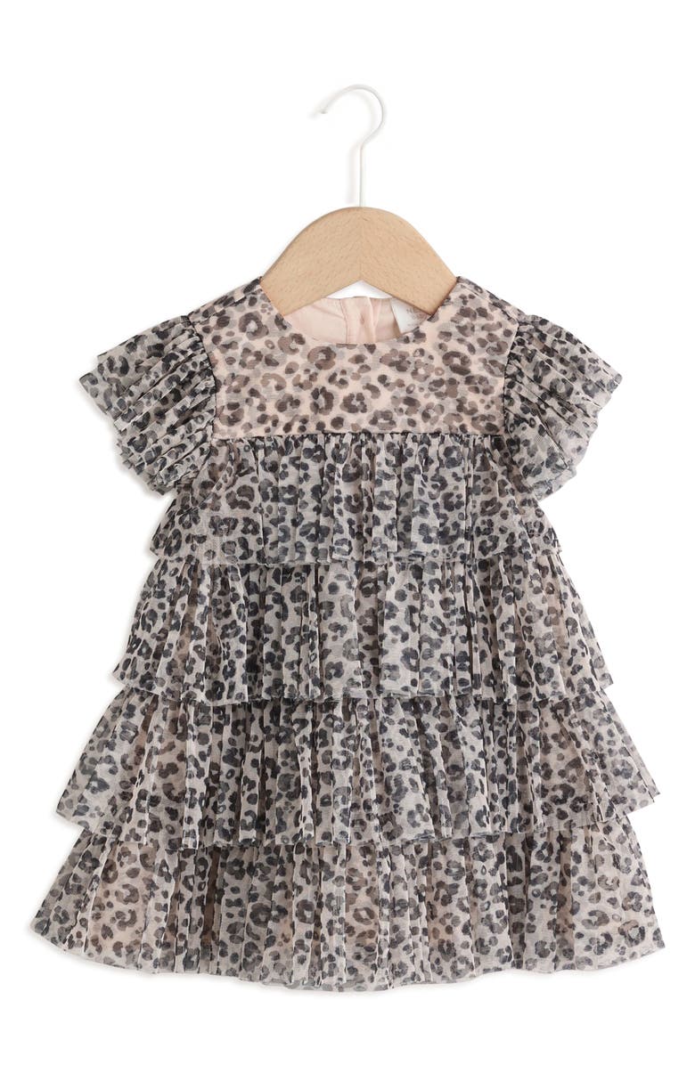 NEXT Leopard Print Ruffle Mesh Dress, Main, color, Beige Multi