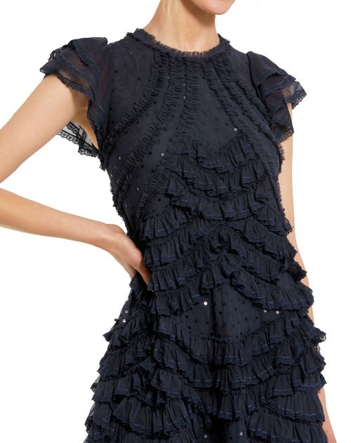 Mac Duggal High Neck Ruffle Mesh Midi Dress In Blue