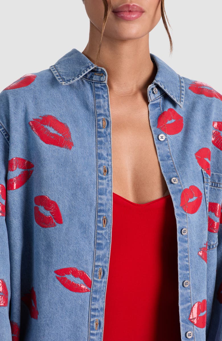 Alice + Olivia Kiss Print Denim Shirt Jacket, Alternate, color, Denver Bright Blue