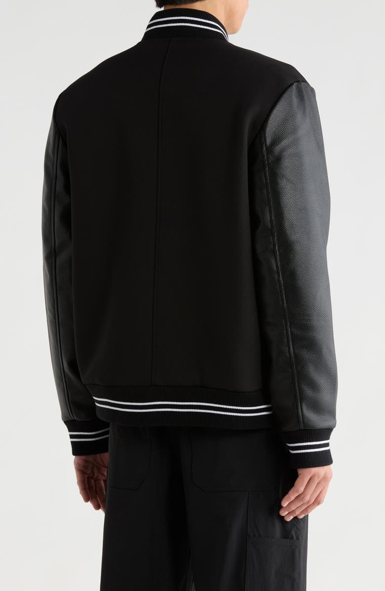 KARL LAGERFELD PARIS Mixed Media Varsity Jacket, Alternate, color, Black White