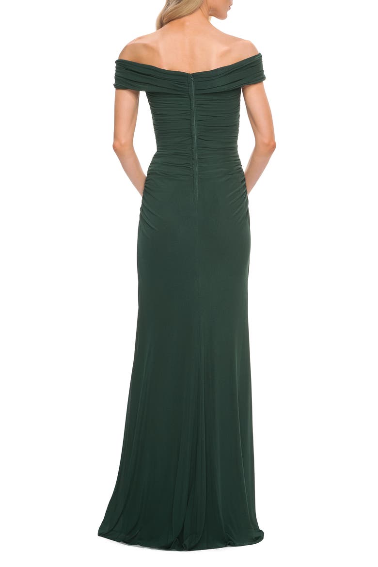Ruched Off the Shoulder Net Jersey Evening Dress, Alternate, color, Emerald