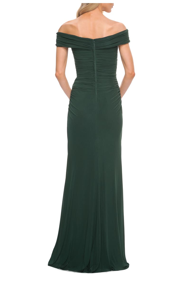 La Femme Ruched Off the Shoulder Net Jersey Evening Dress, Alternate, color, Emerald