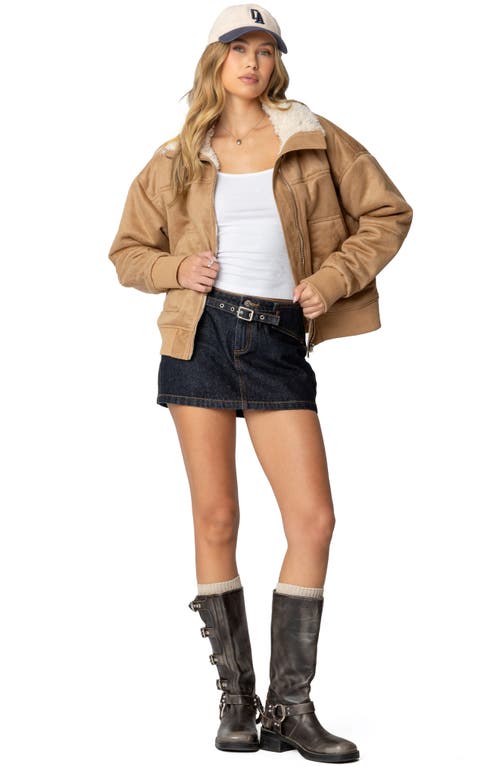 Edikted Faux Suede Shearling Bomber Jacket In Tan