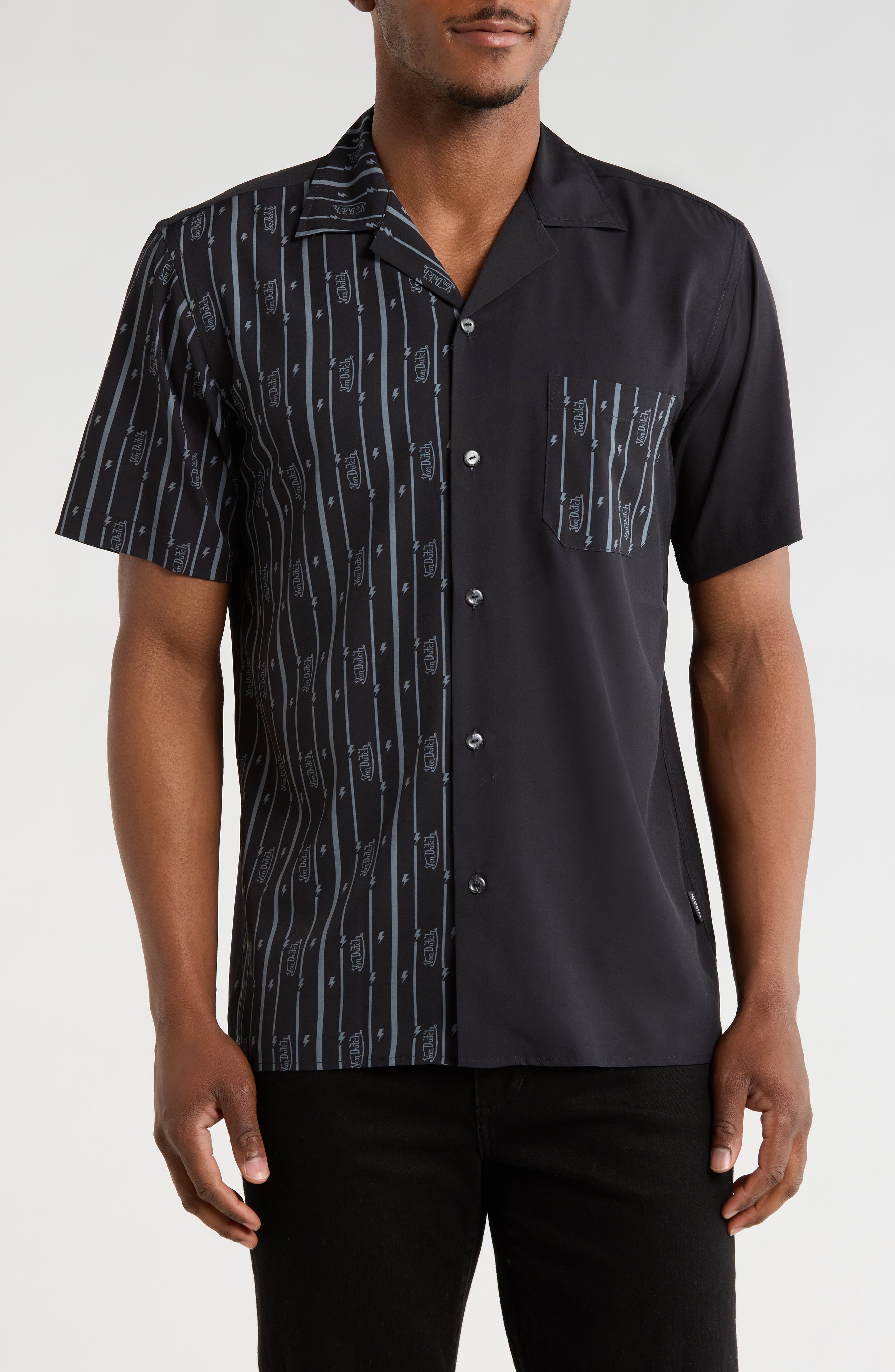 Von Dutch Logo Print Short Sleeve Button-Up Camp Shirt