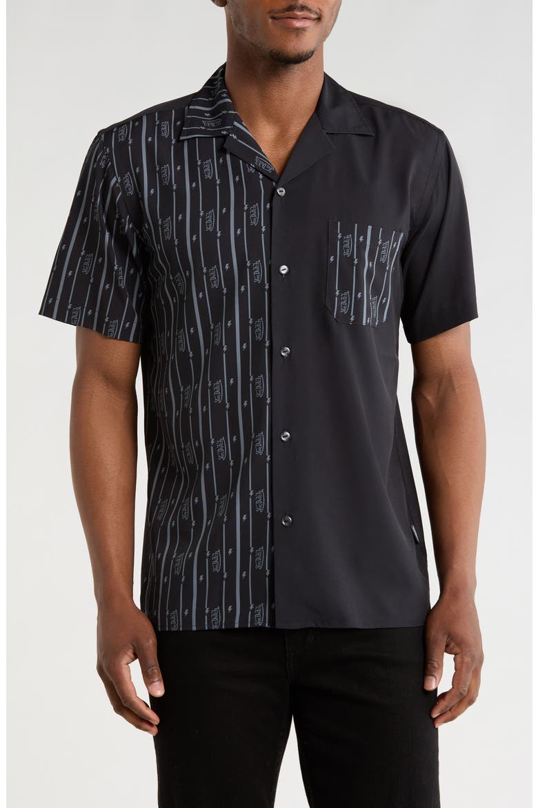 Logo Print Short Sleeve Button-Up Camp Shirt, Main, color, BLACK GREY