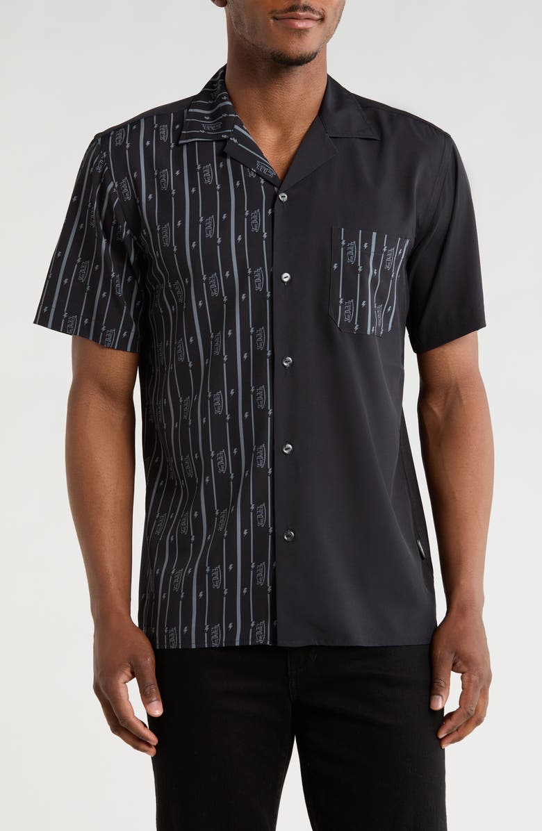 Von Dutch Logo Print Short Sleeve Button-Up Camp Shirt, Main, color, Black Grey