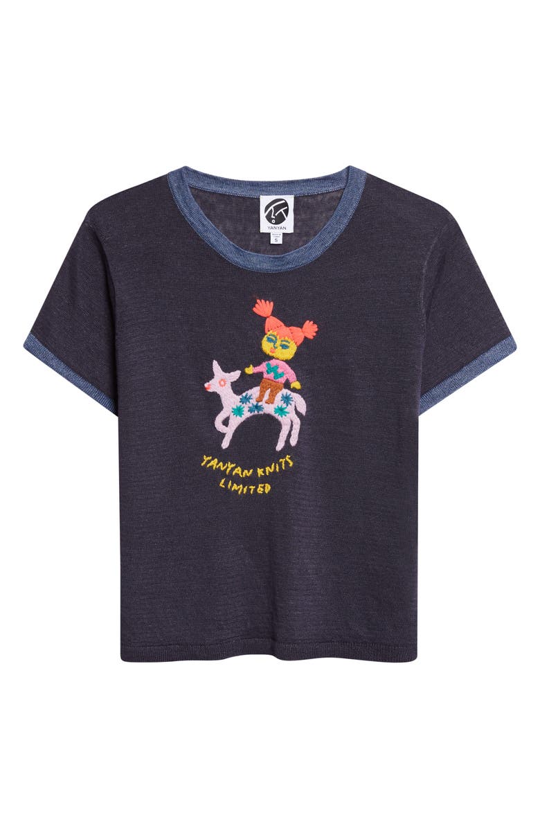 YanYan Campus Wawa Embroidered Linen Ringer T-Shirt, Alternate, color, Ink