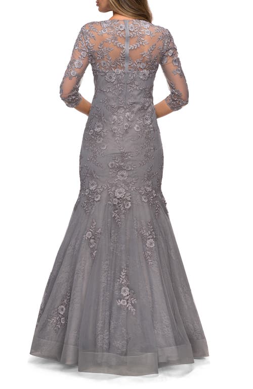 La Femme Long Lace Mermaid Gown With Square Neckline In Silver