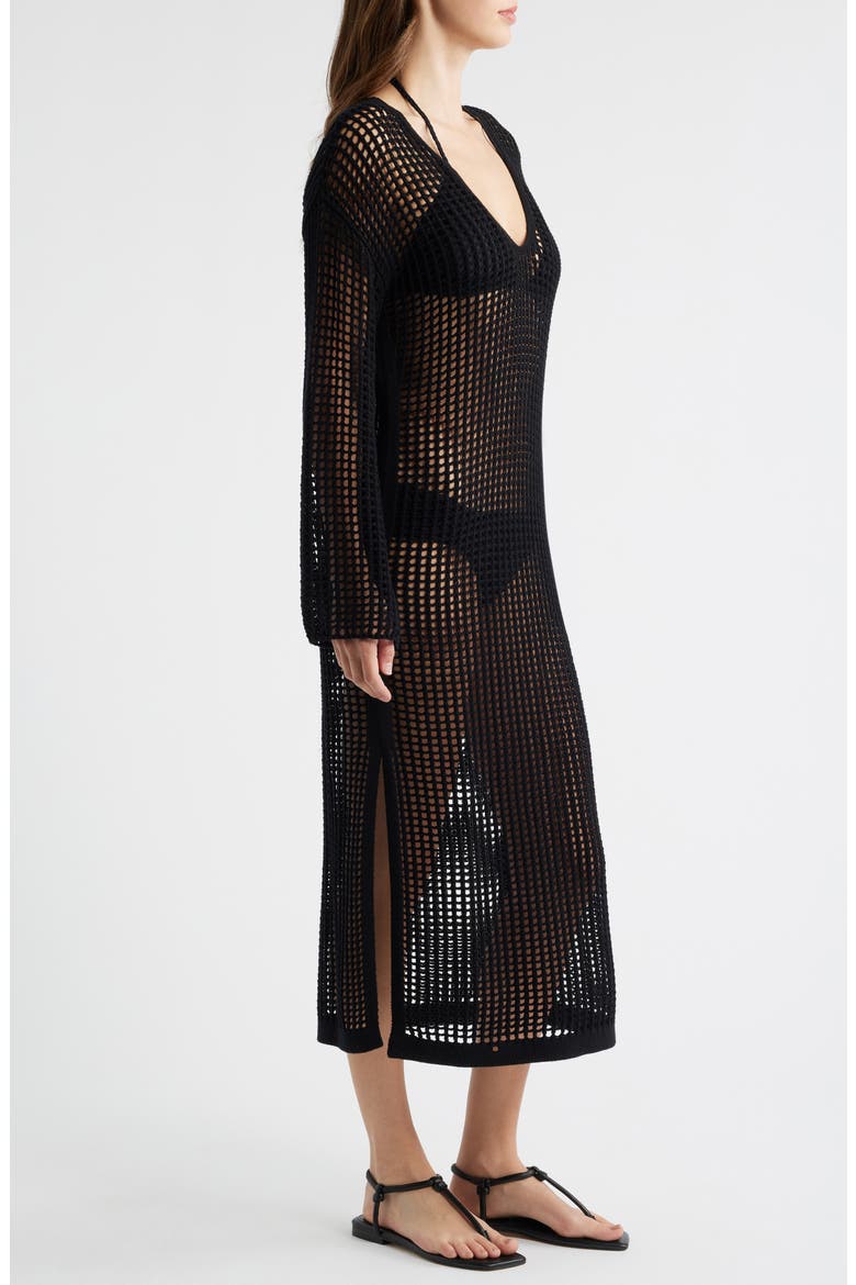 Christie Open Stitch Long Sleeve Cover-Up Maxi Dress, Alternate, color, BLACK