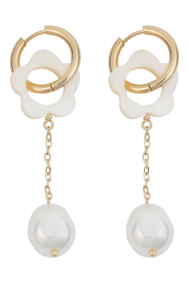 Flower Cultured Pearl Drop Earrings, Main, color, WHITE
