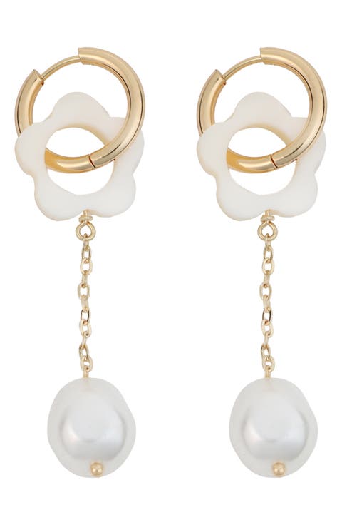 Flower Cultured Pearl Drop Earrings