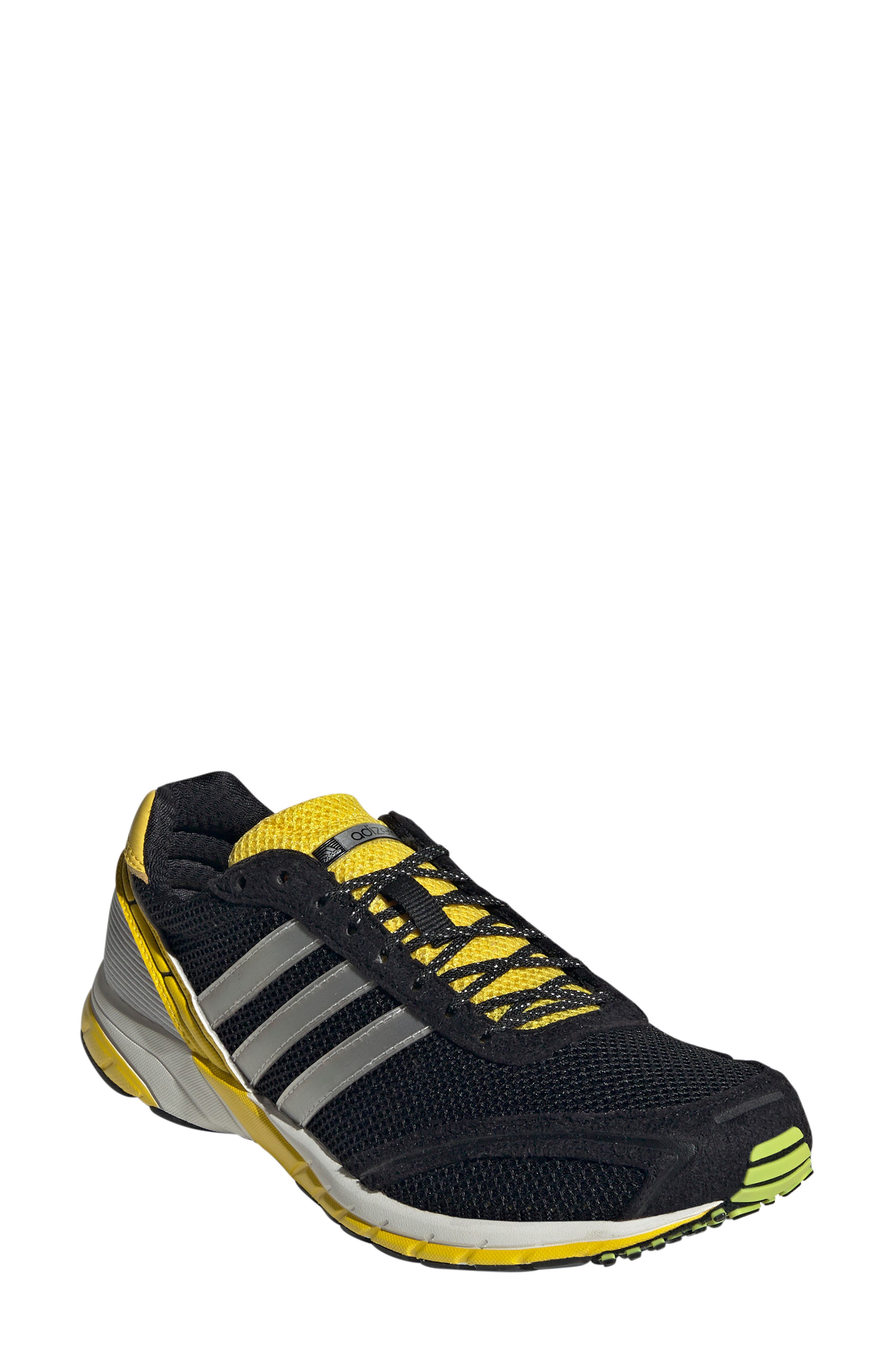 Adizero Adios Running Shoe, Main, color, BLACK/ SILVER METALLIC/ YELLOW