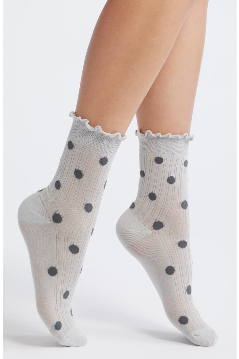 Claire Polka Dot Lettuce Edge Ankle Socks, Main, color, GREY