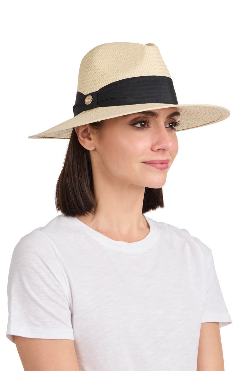 Bruno Magli Ribbon Trim Straw Fedora, Alternate, color, White/ Black
