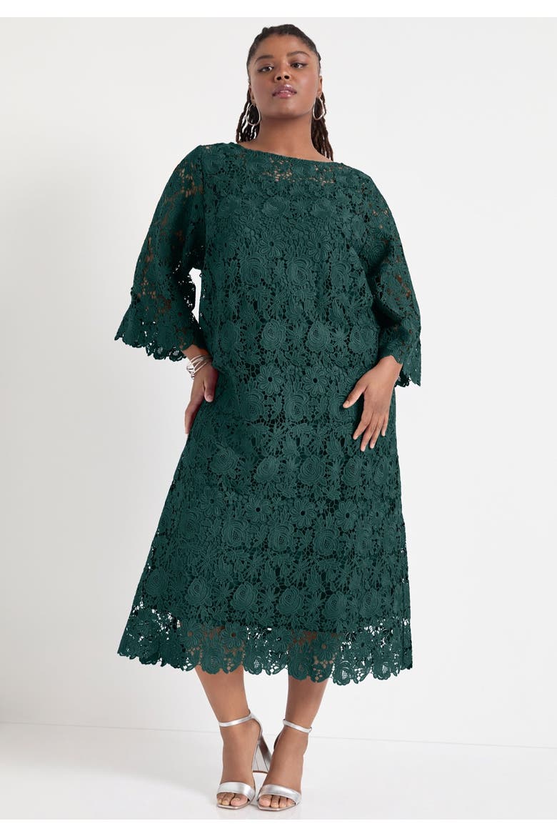 Bell Sleeve Lace Midi Dress, Alternate, color, DARK PINE GREEN