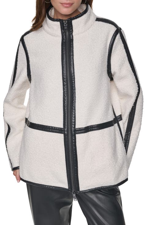 Faux Leather Trim High Pile Fleece Jacket