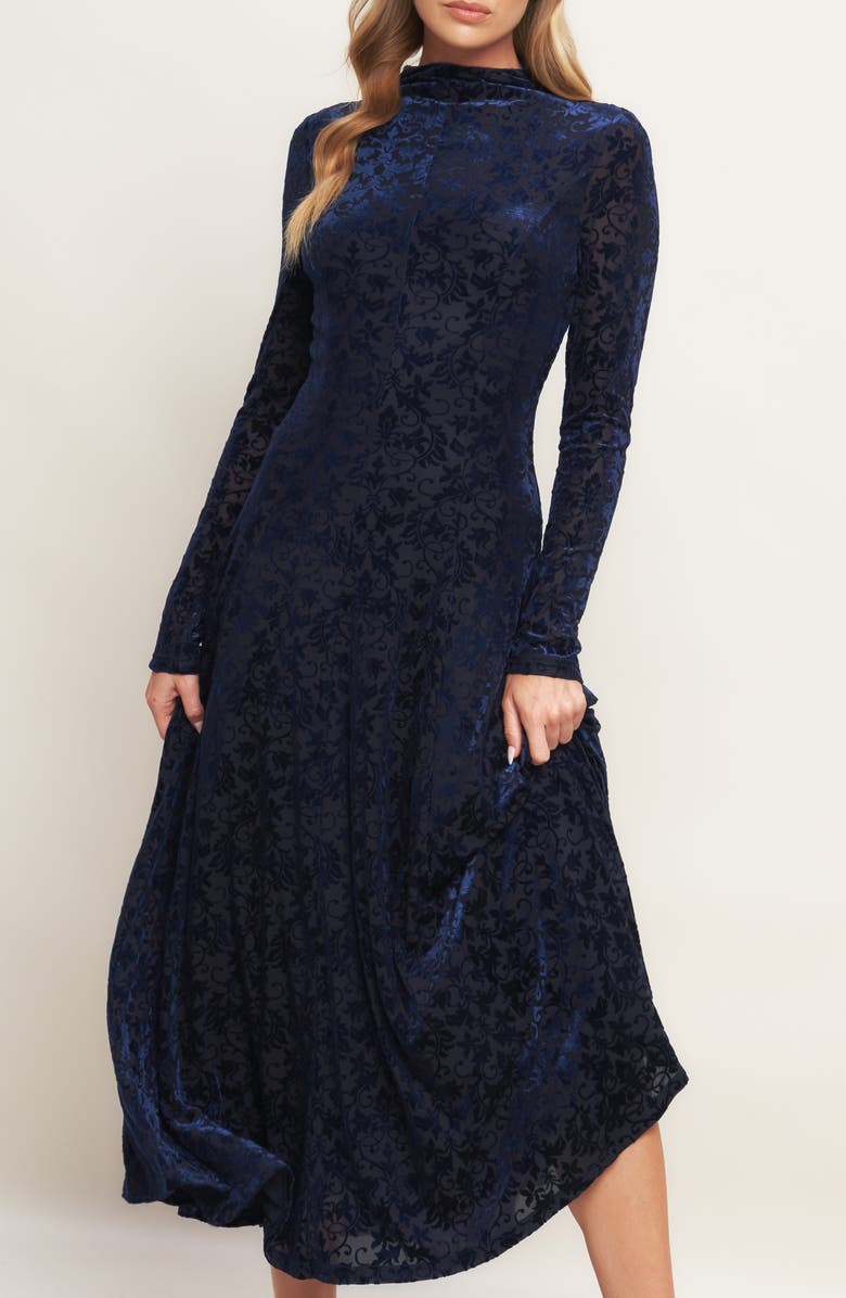 FLYING TOMATO Floral Burnout Long Sleeve A-Line Dress, Alternate, color, Navy