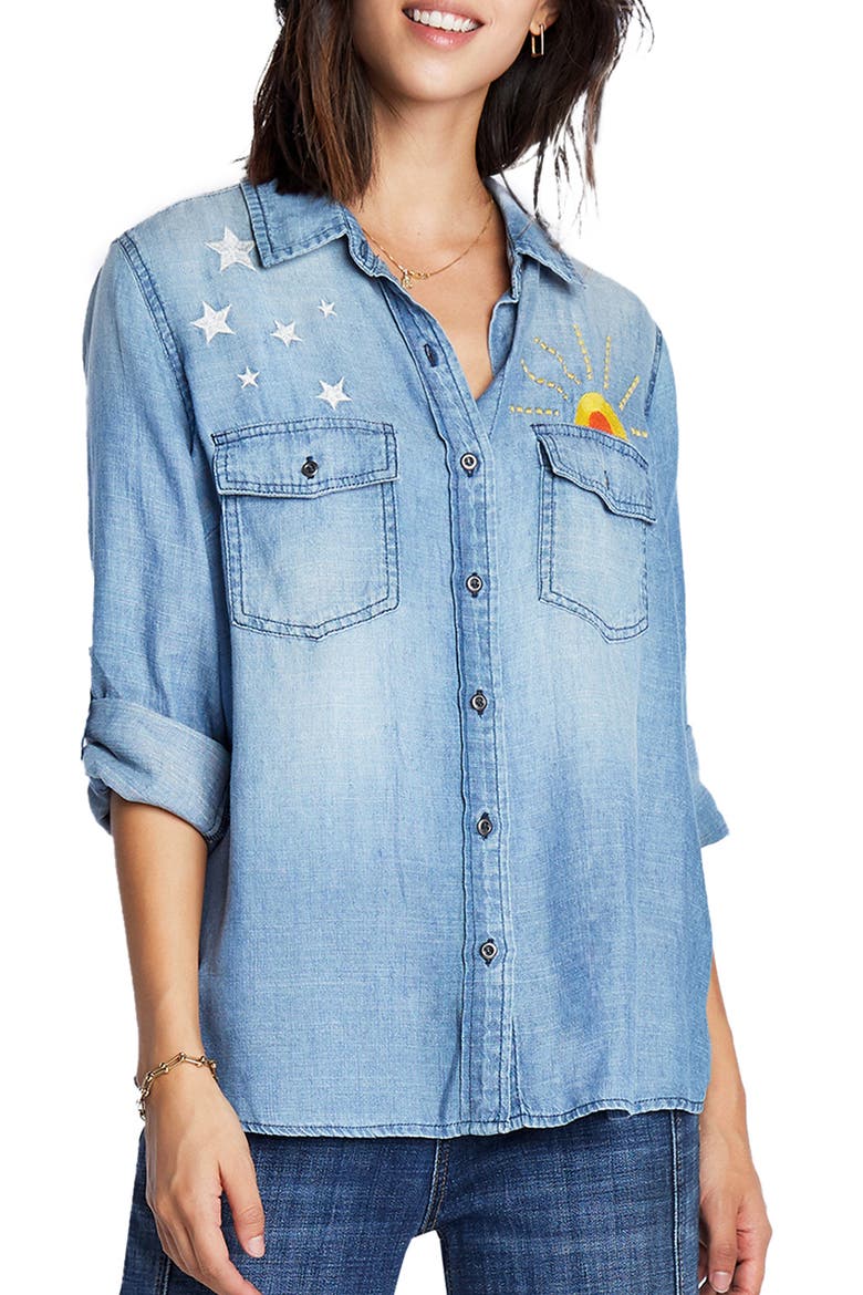 Hello Sunshine Embroidered Button-Up Shirt, Main, color, WASHED BLUE