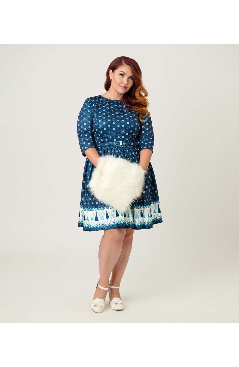 Unique Vintage Plus Size Boat Neck Belted Stephanie Fit & Flare Dress, Alternate, color, Blue Fair Isle Print