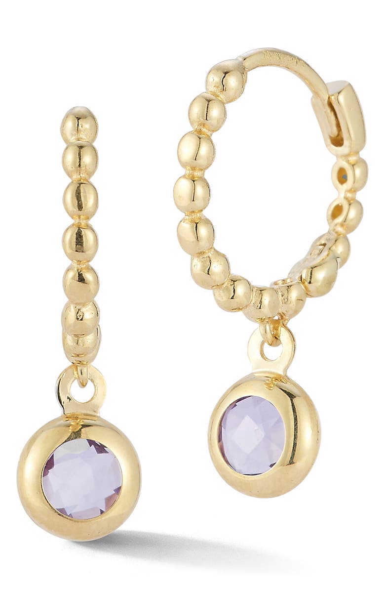 Ember Fine Jewelry 14K Amethyst Charm Drop Huggie Hoop Earrings, Main, color, Gold