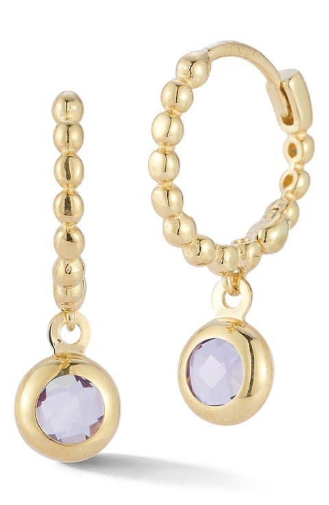 14K Amethyst Charm Drop Huggie Hoop Earrings
