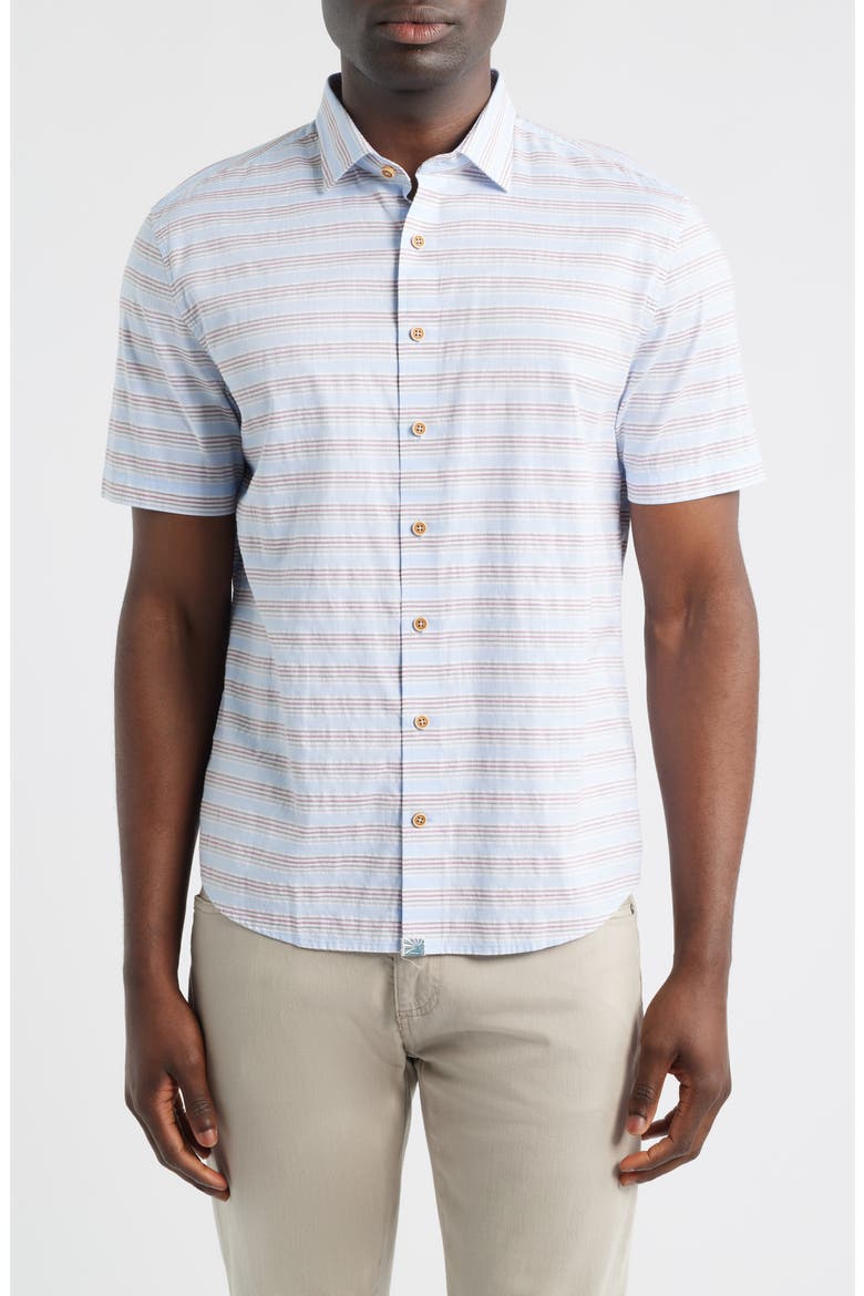 Leander Stripe Short Sleeve Button-Up Shirt, Main, color, GULF BLUE