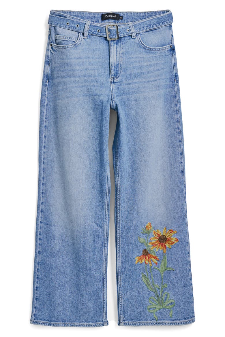 Floral Embroidered Belted Crop Wide Leg Jeans, Alternate, color, MEDIUM BLUE