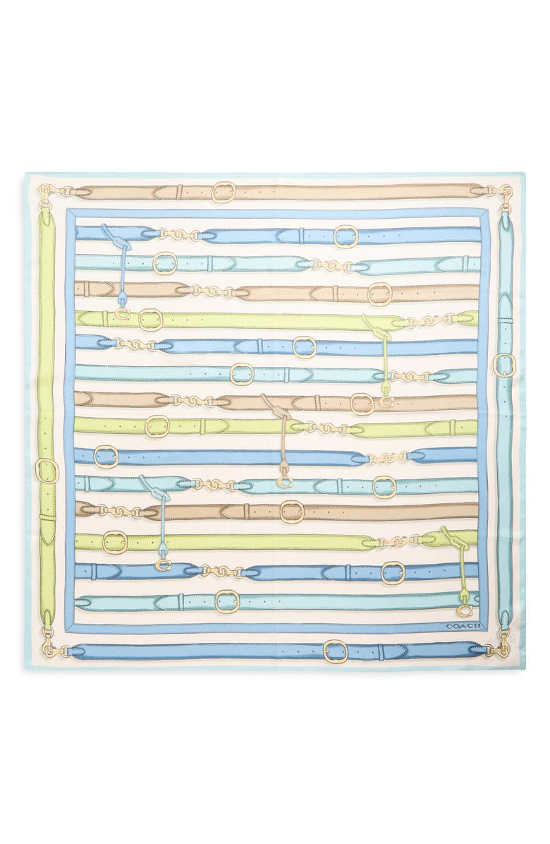 COACH Multi Belt Print Silk Square Scarf, Alternate, color, Bluebell/ Multi
