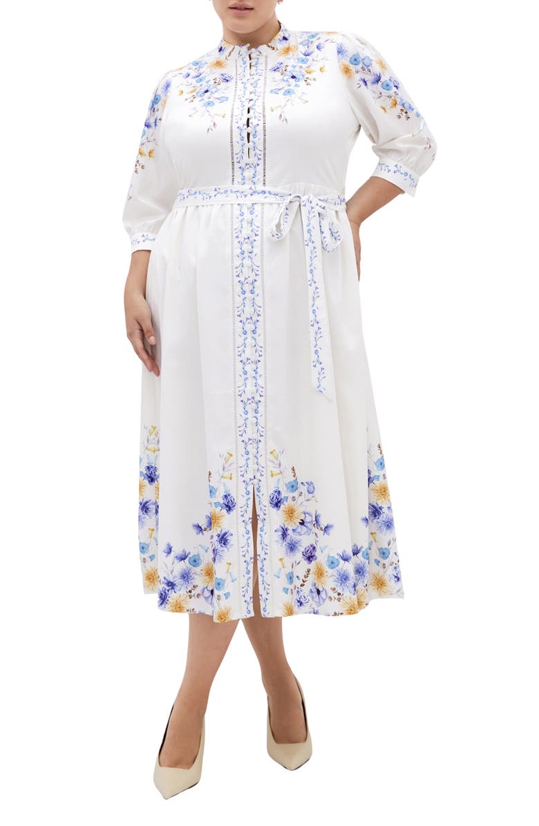 City Chic Annabelle Belted Midi Shirtdress, Main, color, Blue Patrice Border