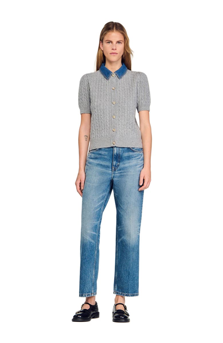 SANDRO Cardigan with detachable denim collar, Alternate, color, Grey