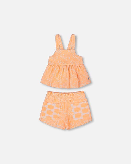 Deux Par Deux Girl's Printed Terry Tank Top And Shorts Set Vibrant Orange And White In Vibrant Orange And White