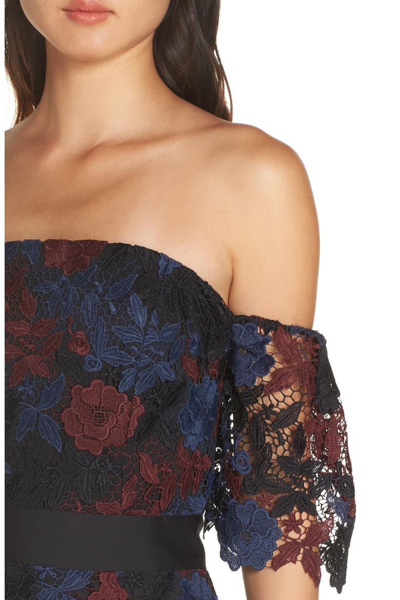 Three-Tone Off the Shoulder Lace Midi Dress, Alternate, color, BLACK MULTI
