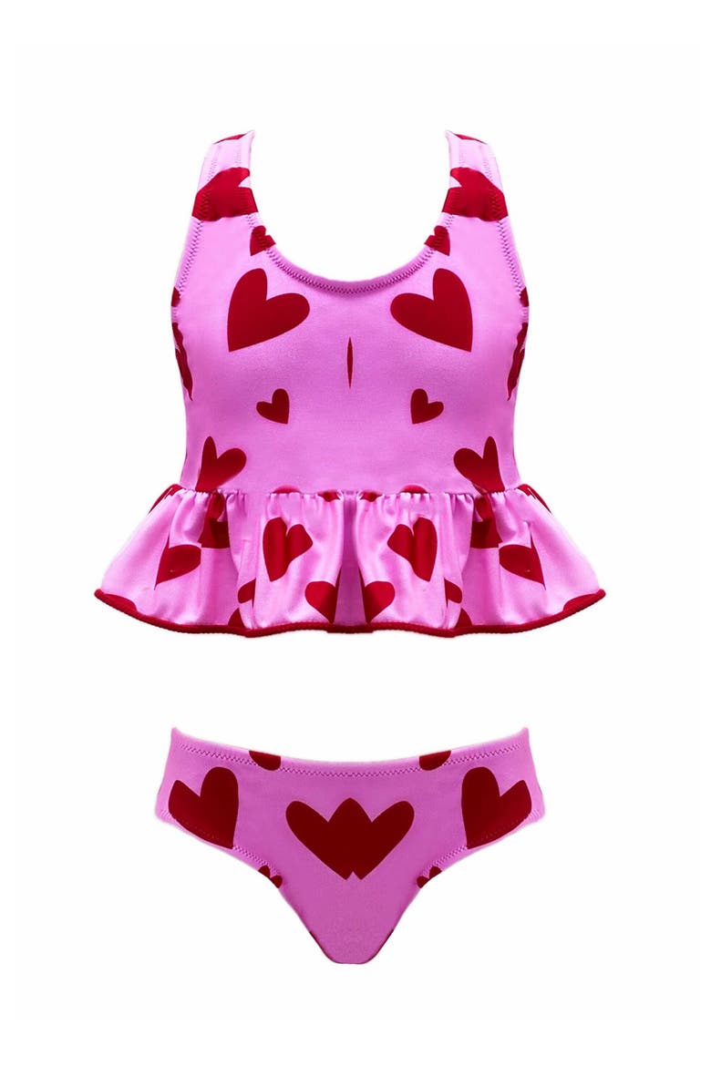 Sweetheart Print Peplum Two-Piece Bikini, Little Kid-Big Kid, Main, color, Pink