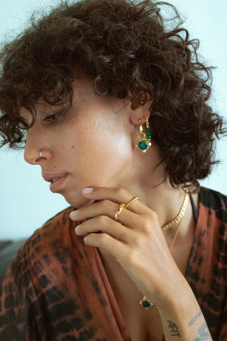 Esther Pearl Drop Hoop Earrings, Alternate, color, Brass
