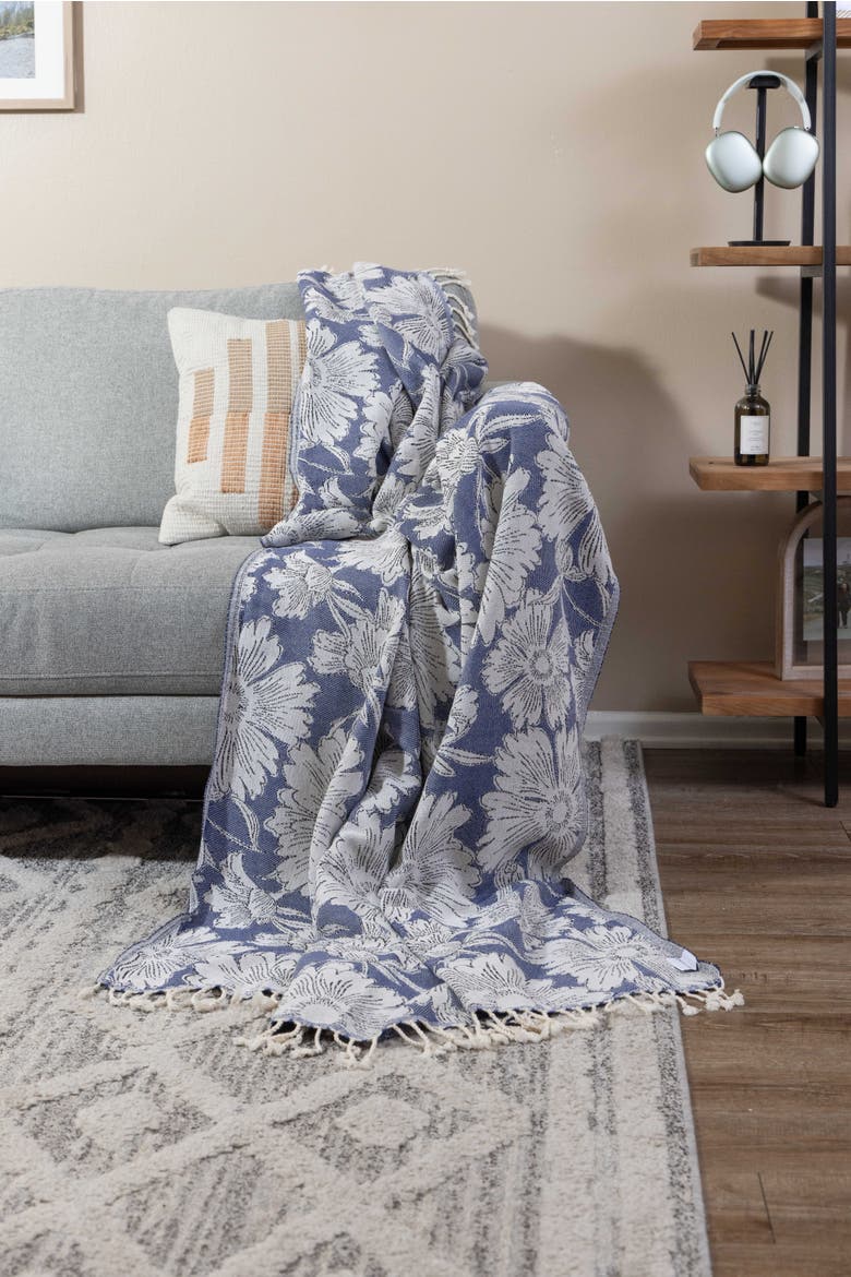 Garden Flower Organic Cotton Medium Weight Throw Blanket, Alternate, color, Navy