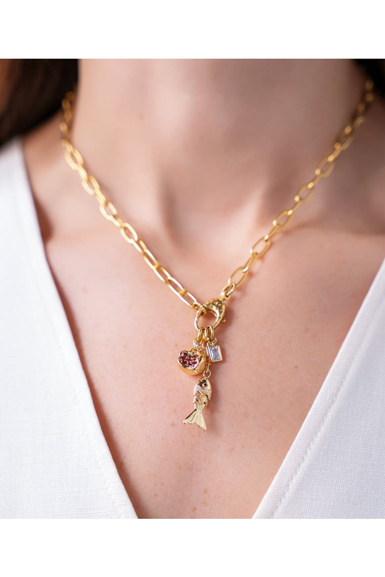 Fish and Pomegranate Charm Drop Necklace, Alternate, color, Gold