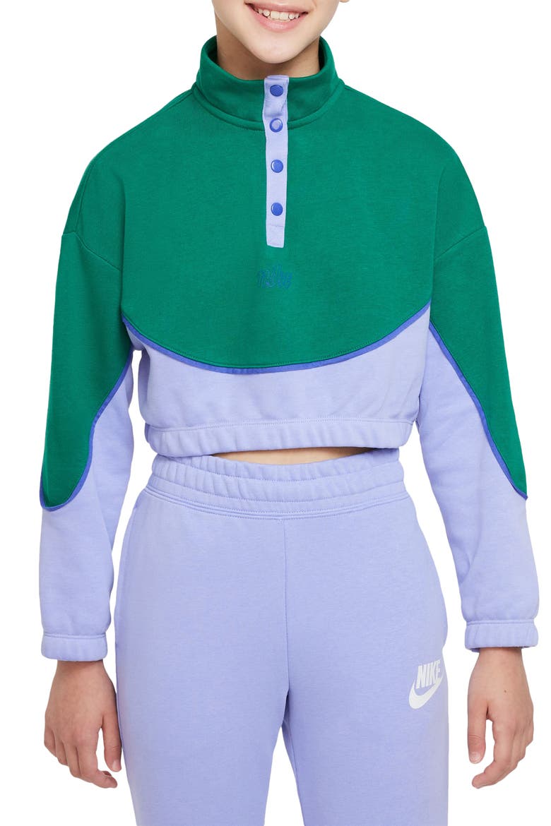 Icon Clash Colorblock Snap Placket Crop Sweatshirt, Main, color, MALACHITE/ THISTLE/ LAPIS
