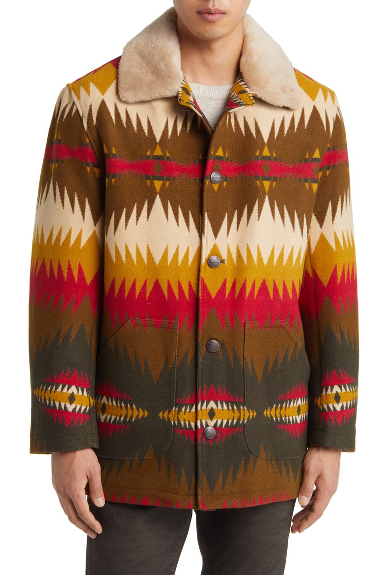 Brownsville Wool & Cotton Coat with Genuine Shearling Collar, Alternate, color, TYE RIVER OLIVE