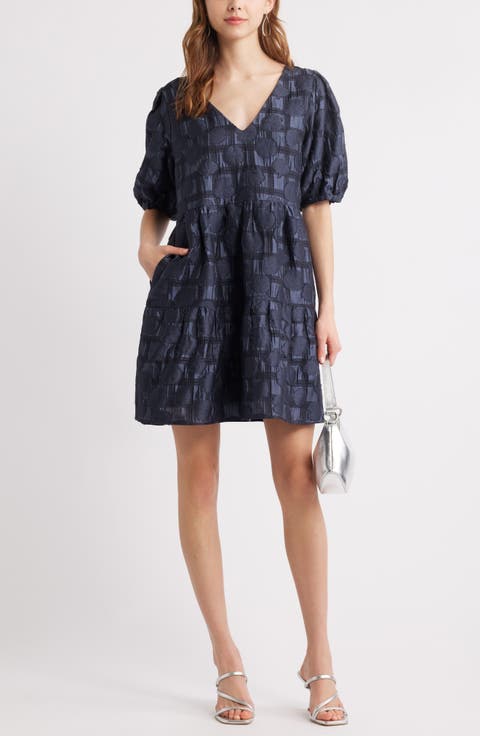 Puff Sleeve Jacquard Tiered Minidress