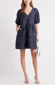 Chelsea28 Puff Sleeve Jacquard Tiered Minidress