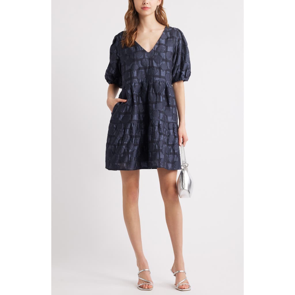 Chelsea28 Puff Sleeve Jacquard Tiered Minidress In Navy