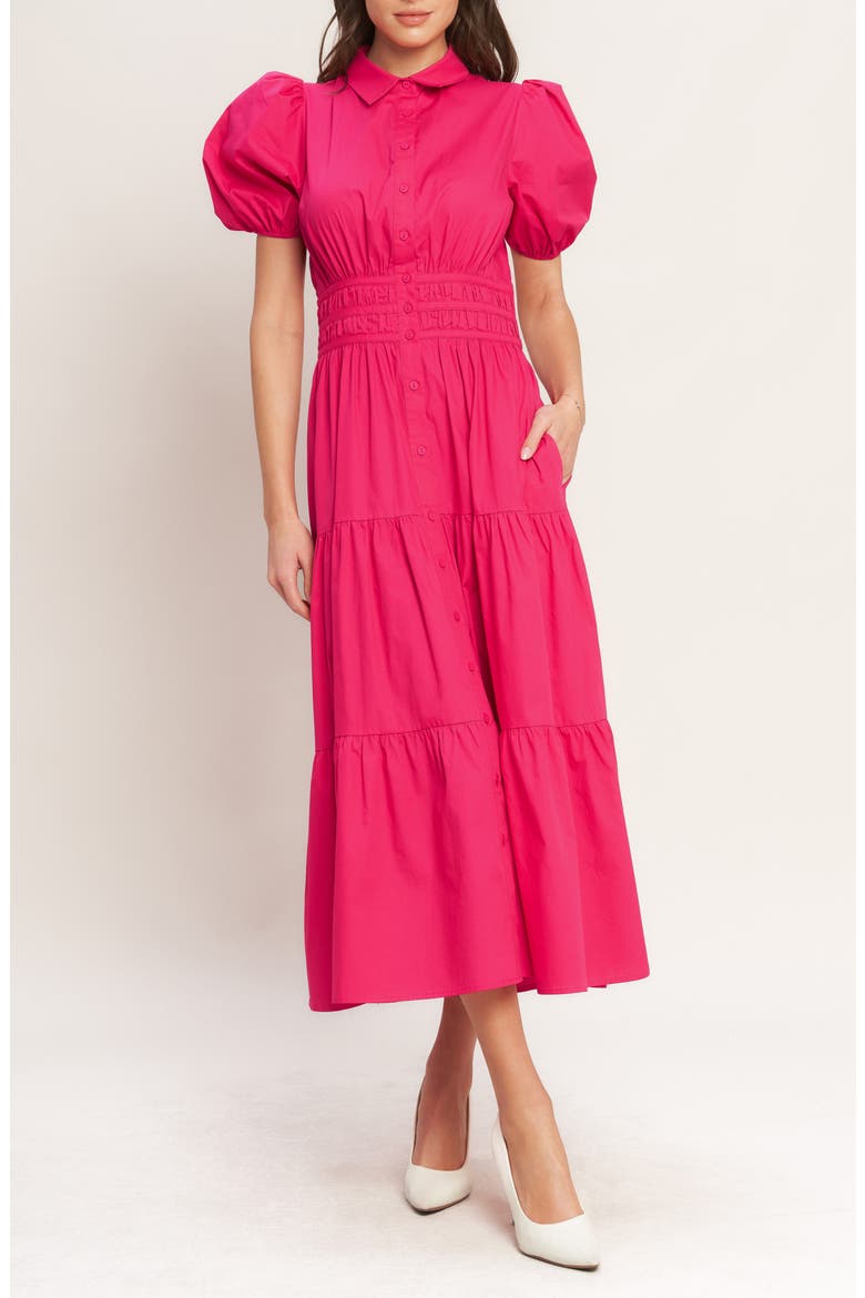 Puff Sleeve Tiered Midi Shirtdress, Main, color, FUCHSIA