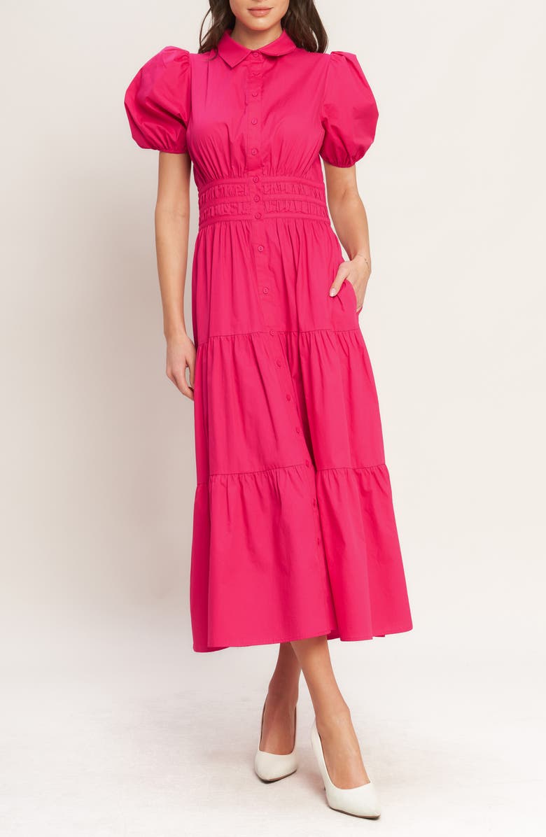 FLYING TOMATO Puff Sleeve Tiered Midi Shirtdress, Main, color, Fuchsia