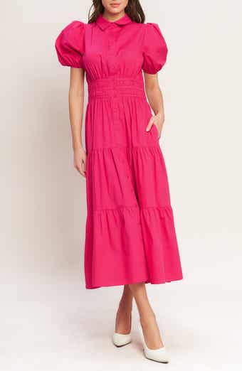 FLYING TOMATO Puff Sleeve Tiered Midi Shirtdress